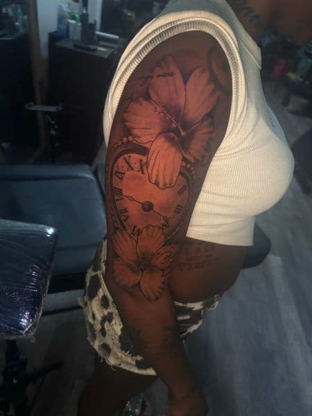 Black & Grey + Floral heart tattoo on Half Sleeve by Tattoos_by_Dalton on TattMe