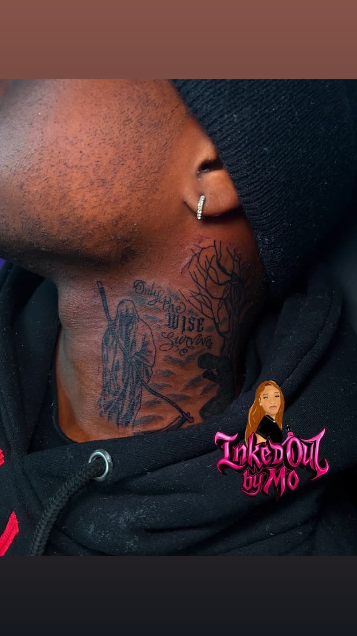 Black & Grey + Illustrative grim reaper tattoo on Neck (Side) by Inked_Out_by_Mo on TattMe