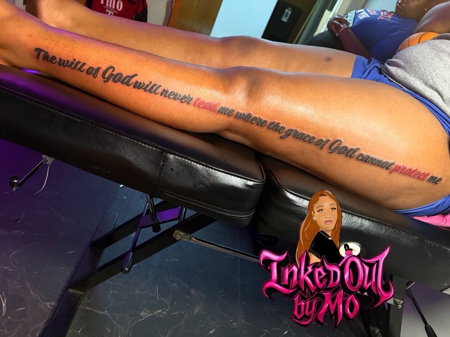Lettering + Script quote tattoo on Thigh by Inked_Out_by_Mo on TattMe