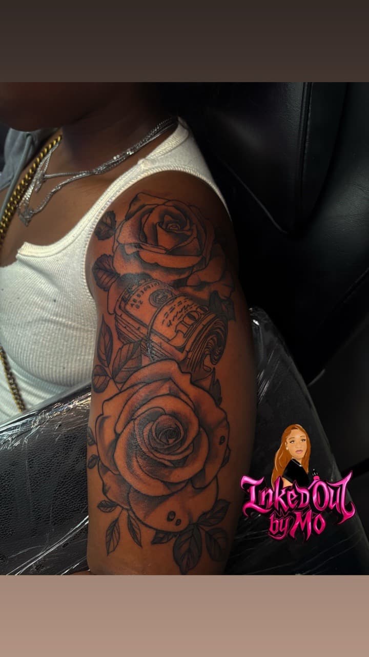 Black & Grey + Floral roses tattoo on Upper Arm by Inked_Out_by_Mo on TattMe