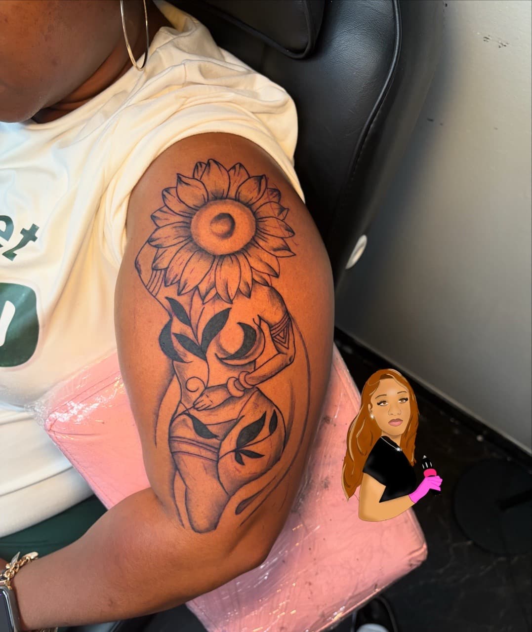 Illustrative + Floral sunflower tattoo on Upper Arm by Inked_Out_by_Mo on TattMe