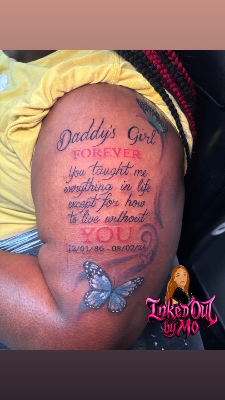 Lettering + Script butterflies tattoo on Upper Arm by Inked_Out_by_Mo on TattMe