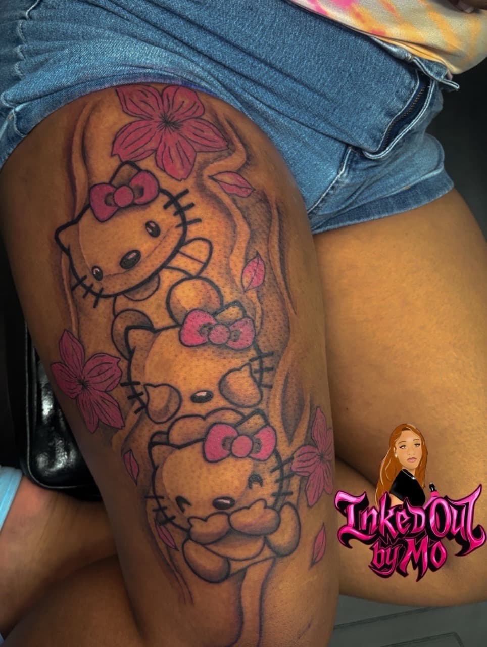 Cartoon + Color hello kitty tattoo on Thigh by Inked_Out_by_Mo on TattMe