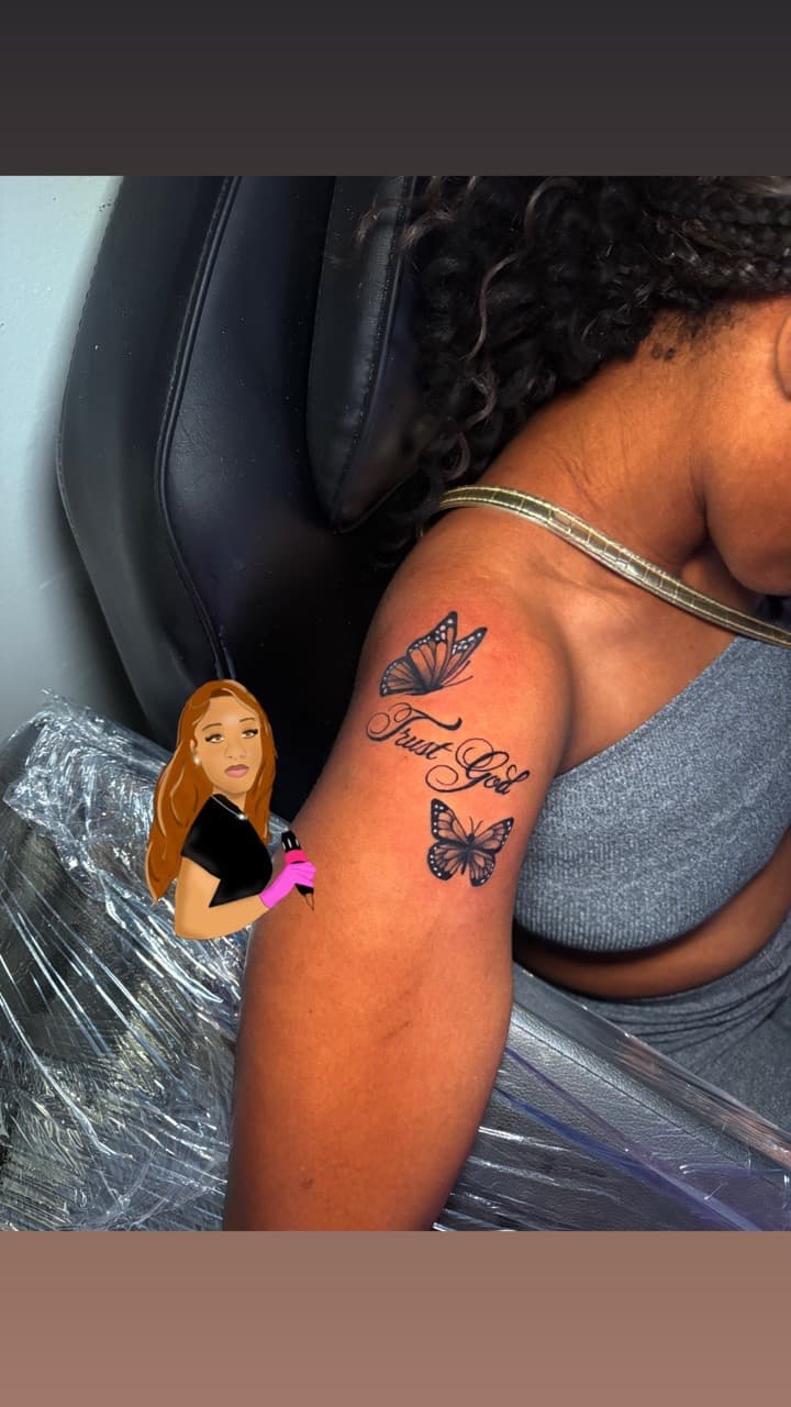 Fine Line + Black-work butterflies tattoo on Upper Arm by Inked_Out_by_Mo on TattMe