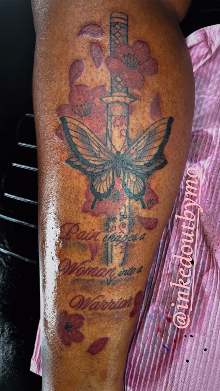 Color + Illustrative sword tattoo on Calf by Inked_Out_by_Mo on TattMe
