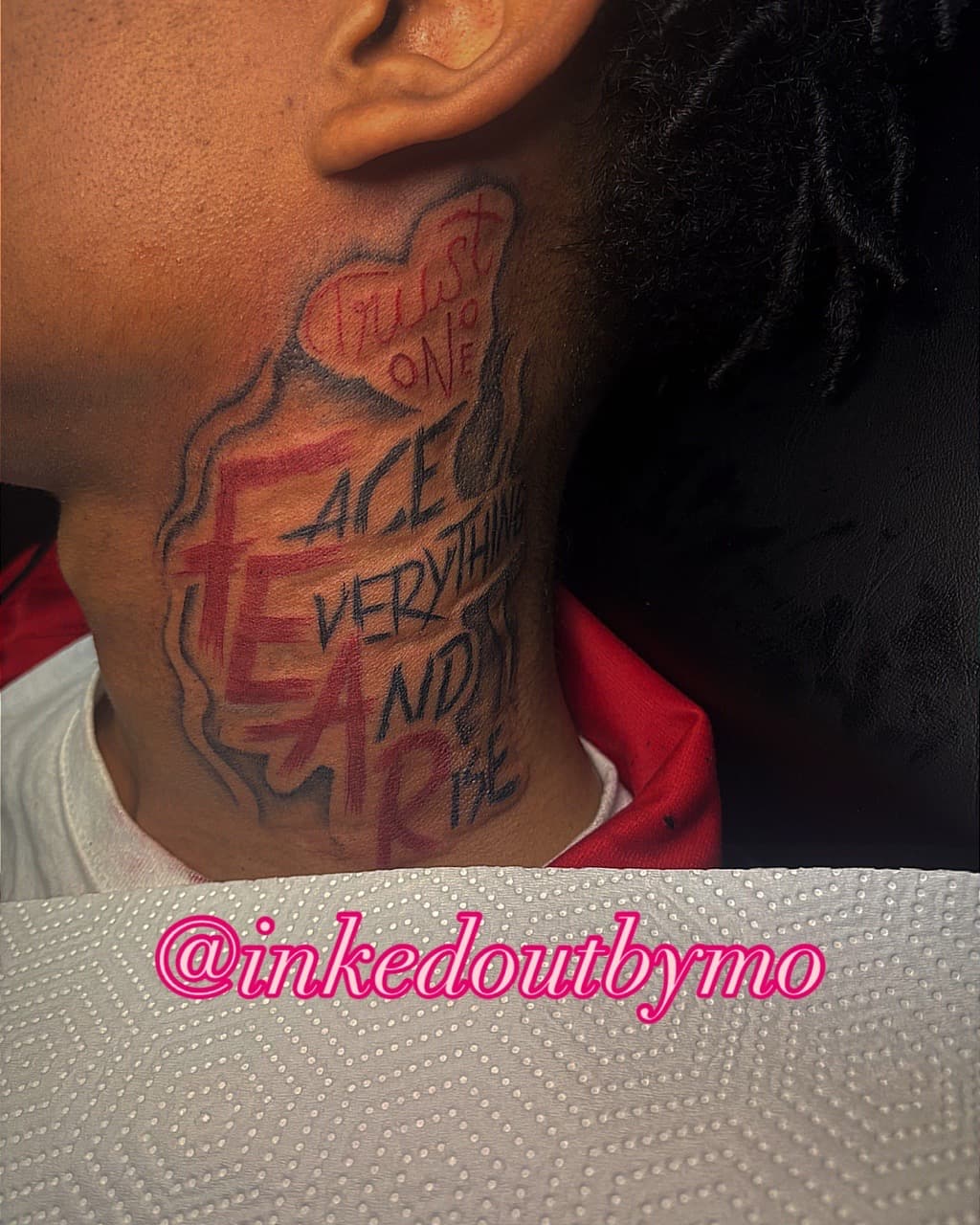 Lettering + Script fear tattoo on Neck (Side) by Inked_Out_by_Mo on TattMe