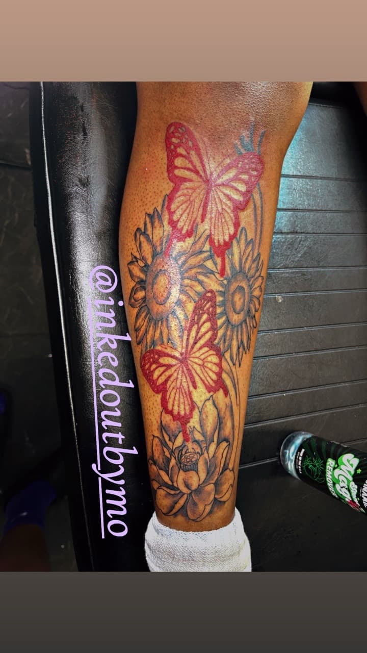 Floral + Color butterflies tattoo on Calf by Inked_Out_by_Mo on TattMe