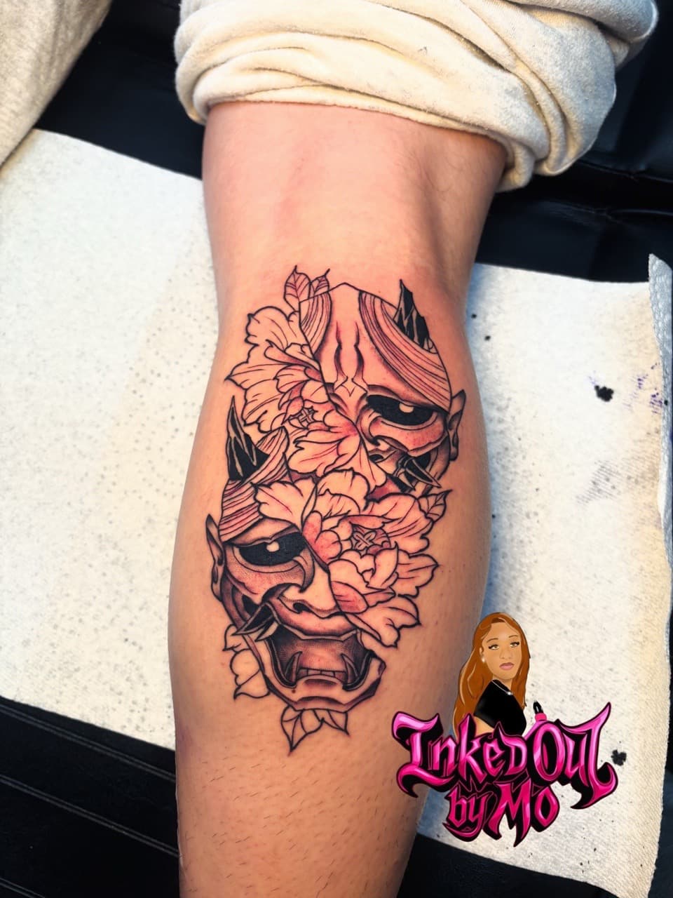 Japanese + Black & Grey hannya mask tattoo on Calf by Inked_Out_by_Mo on TattMe