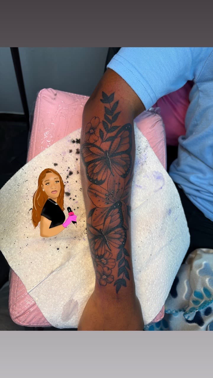 Black-work + Black & Grey butterflies tattoo on Forearm by Inked_Out_by_Mo on TattMe