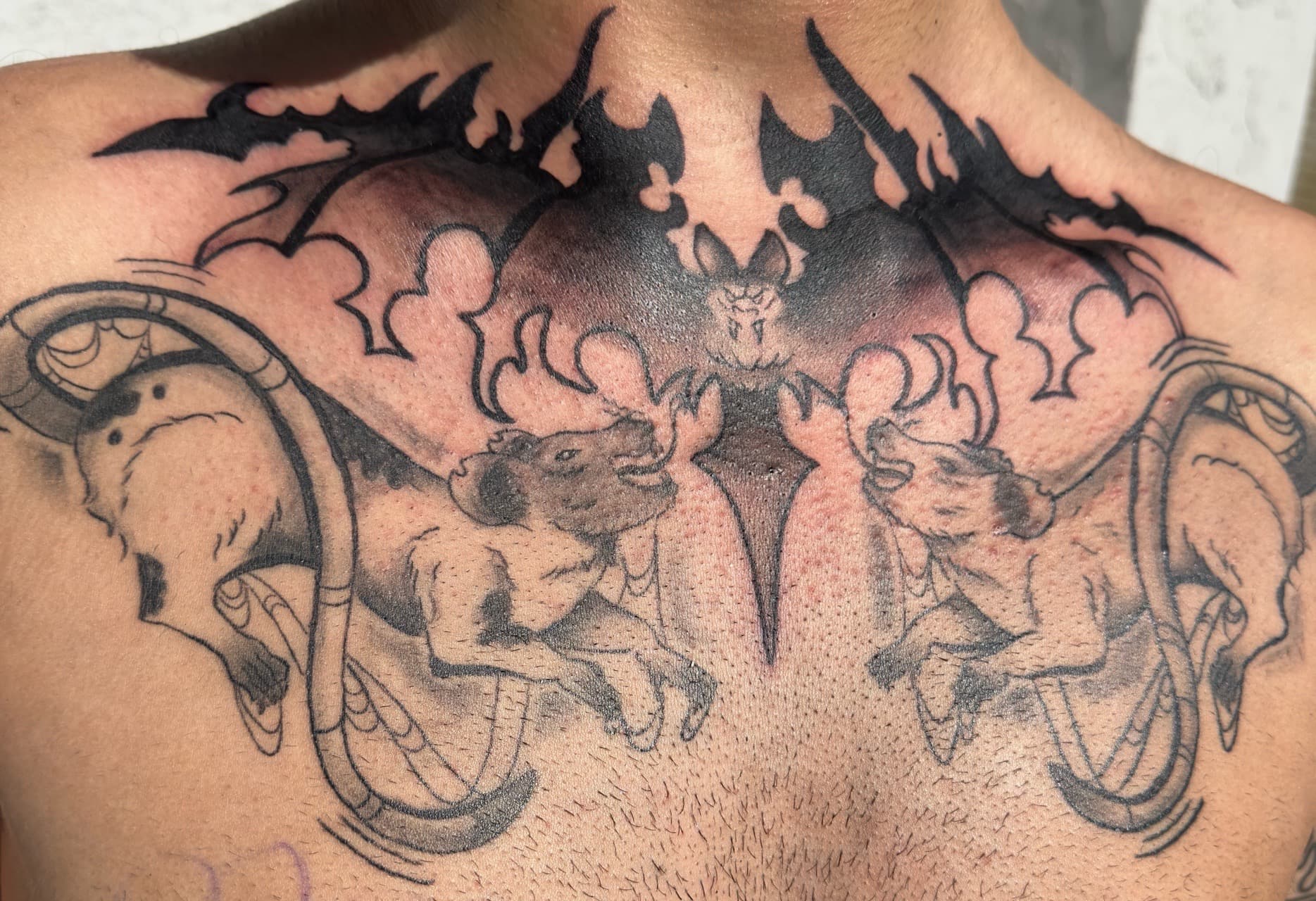 Black & Grey + Gothic bats tattoo on Chest by Inkbyj on TattMe