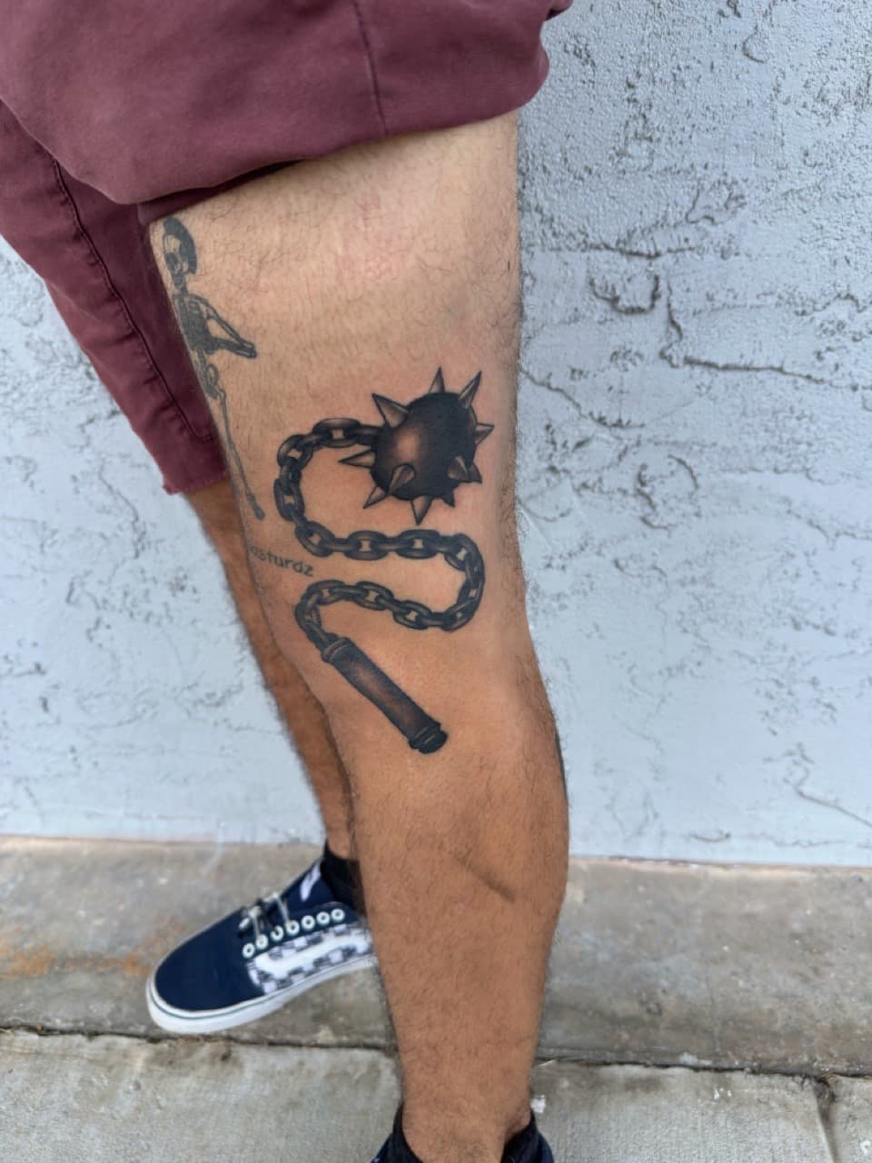 Black & Grey flail tattoo on Thigh by Inkbyj on TattMe