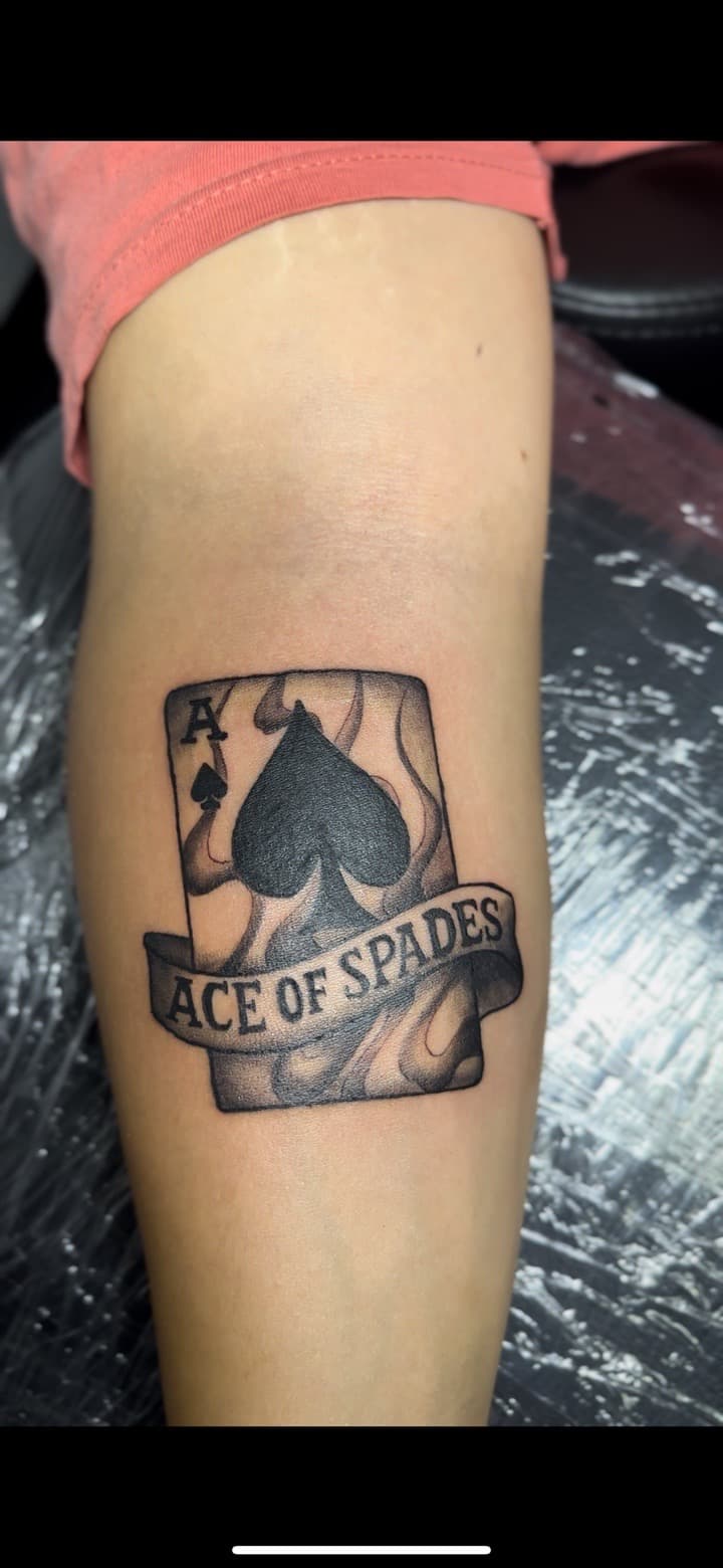 Black & Grey + Lettering ace of spades tattoo on Forearm by Inkbyj on TattMe