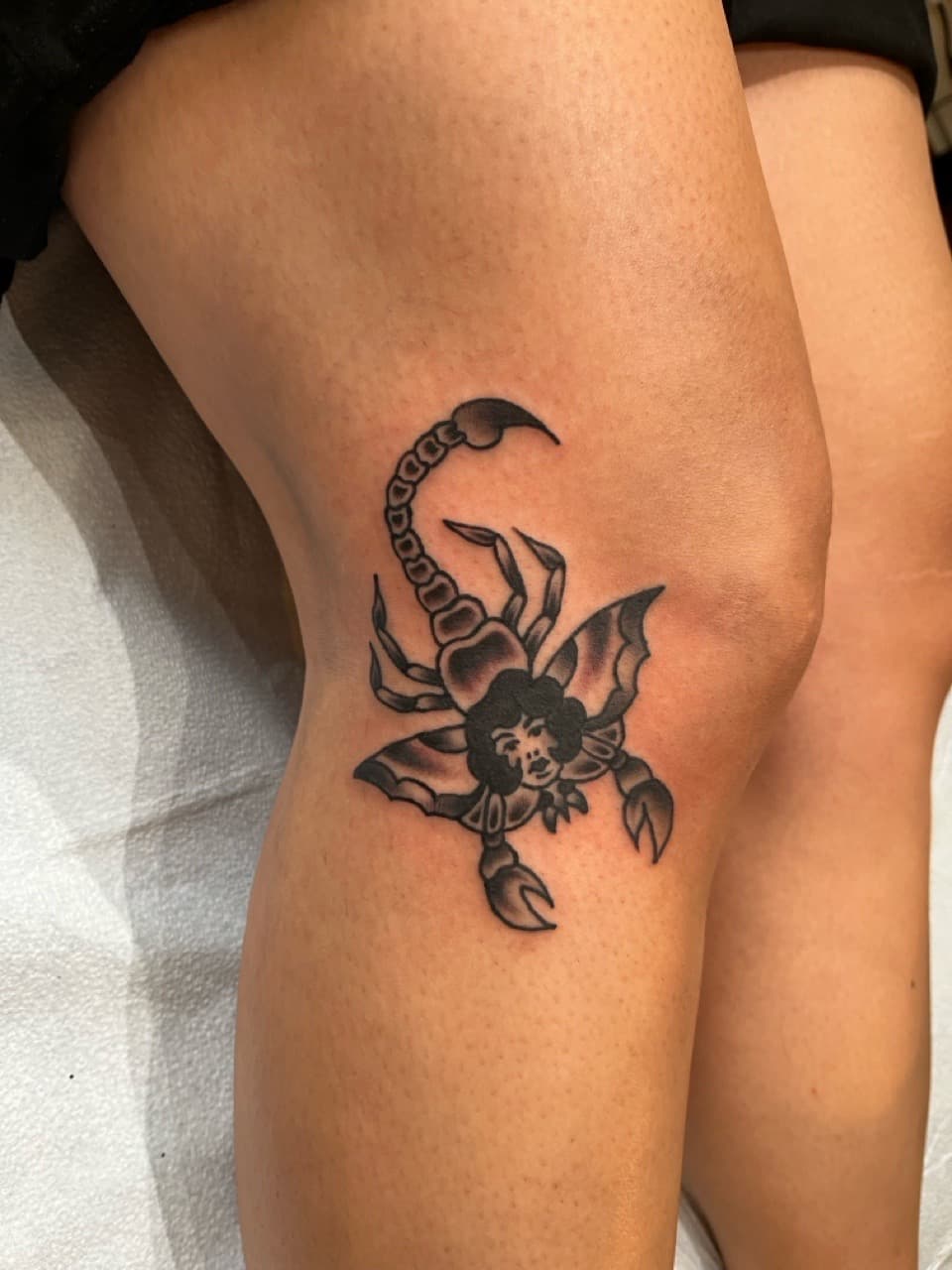 Traditional + American Traditional scorpion tattoo on Knee by high_hurdle_tattoo on TattMe