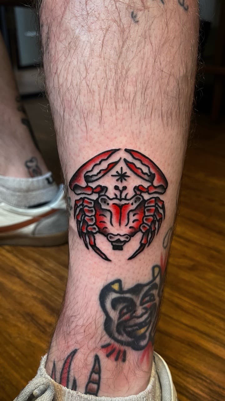 Traditional + American Traditional crab tattoo on Shin by high_hurdle_tattoo on TattMe