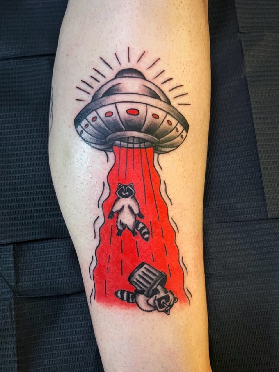 Traditional + Color ufo tattoo on Calf by high_hurdle_tattoo on TattMe
