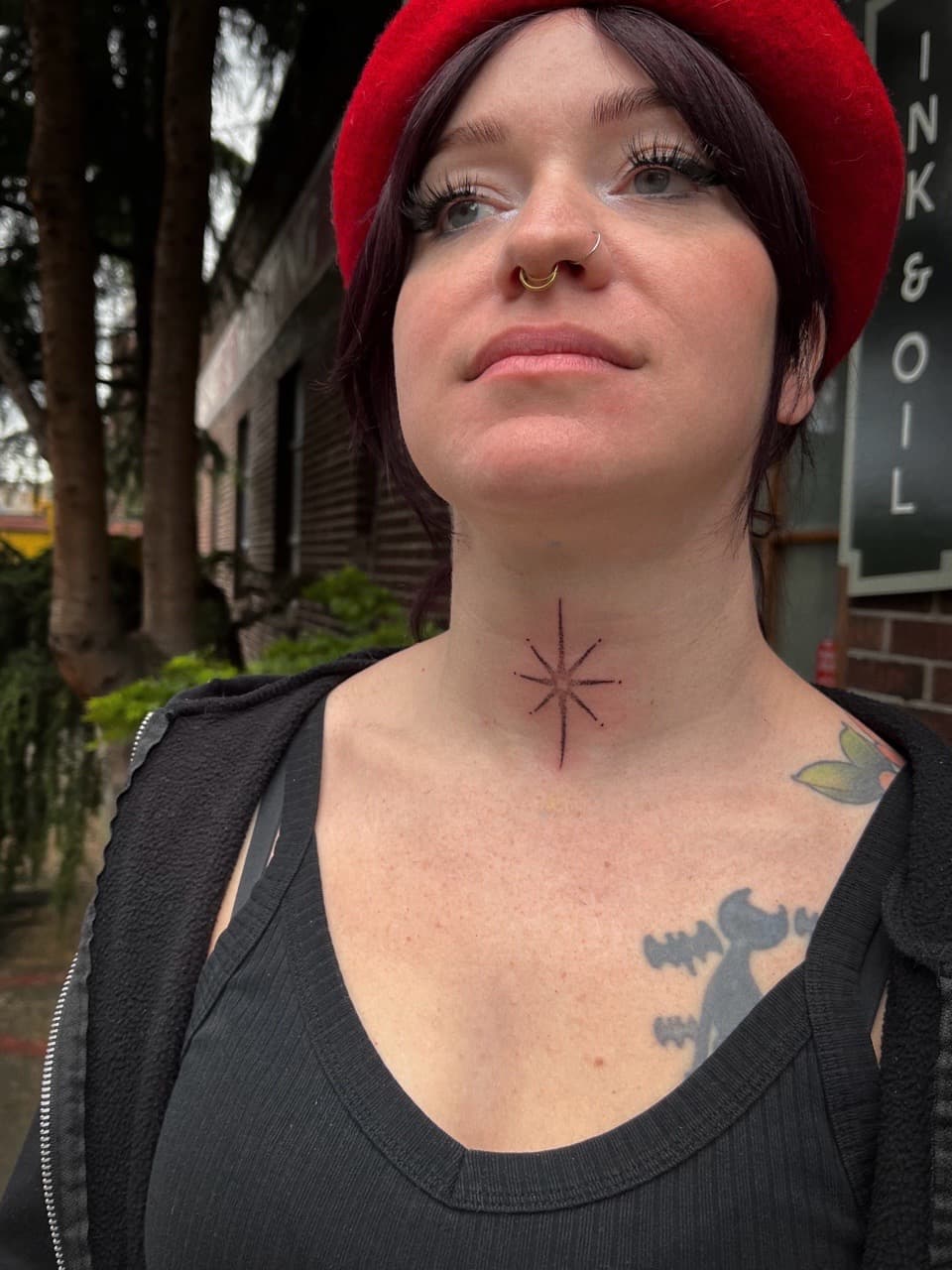 Fine Line + Minimalist star tattoo on Neck (Front) by high_hurdle_tattoo on TattMe