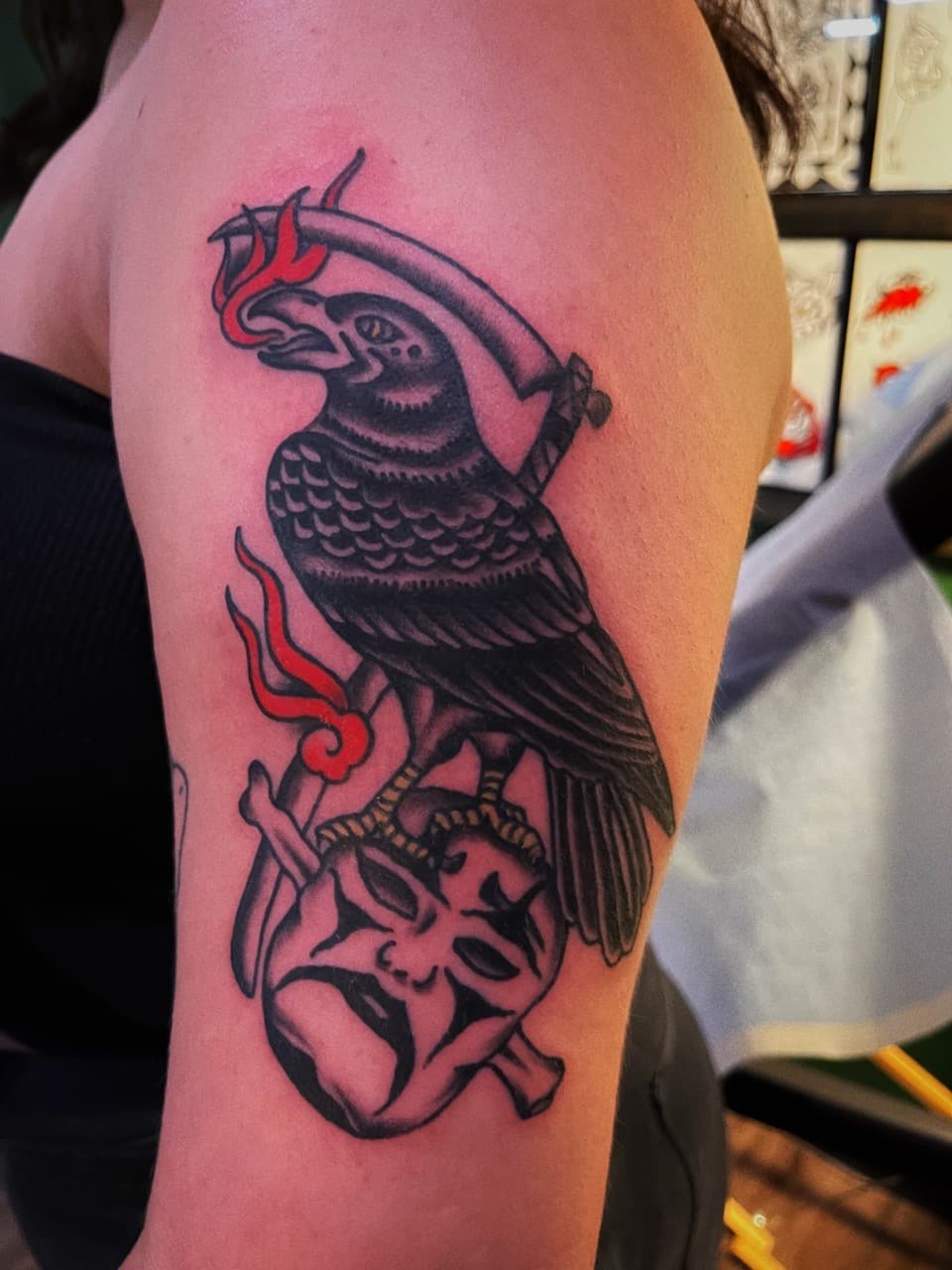 Traditional + Neo-Traditional crow tattoo on Upper Arm by high_hurdle_tattoo on TattMe
