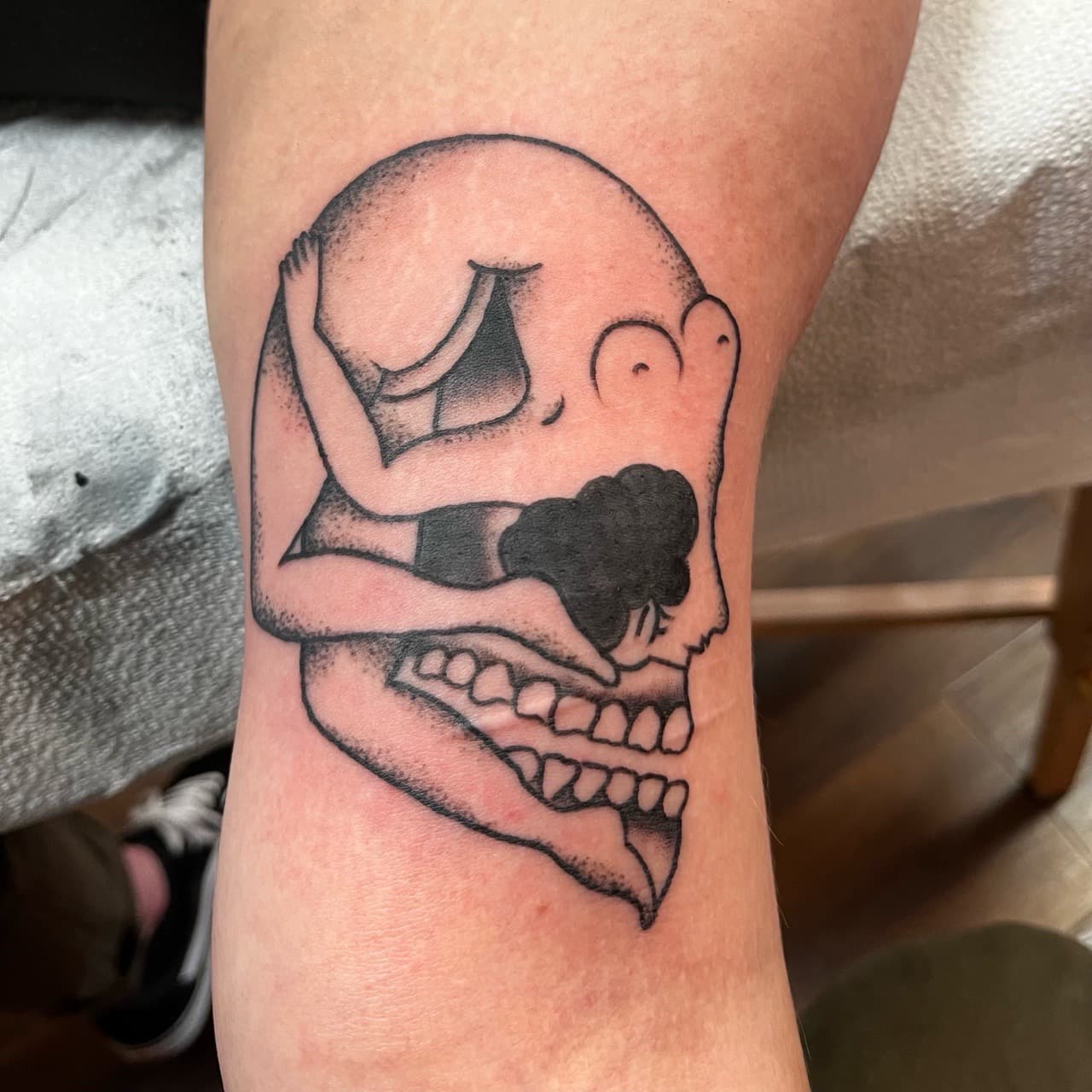Black-work + Illustrative skull tattoo on Thigh by high_hurdle_tattoo on TattMe