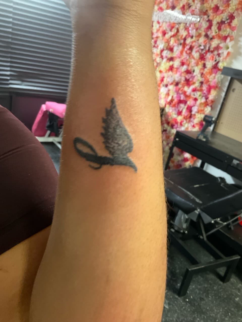 Black-work + Lettering wing tattoo on Forearm by InkedByKellz on TattMe