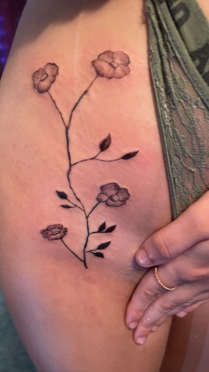 Fine Line + Floral flowers tattoo on Side (Torso) by KiKisTattoos on TattMe