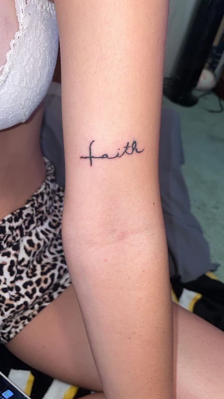 Lettering + Script word tattoo on Upper Arm by KiKisTattoos on TattMe