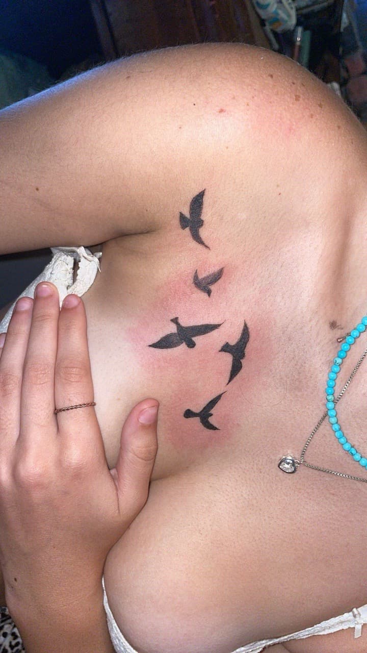 Black-work + Minimalist birds tattoo on Chest by KiKisTattoos on TattMe