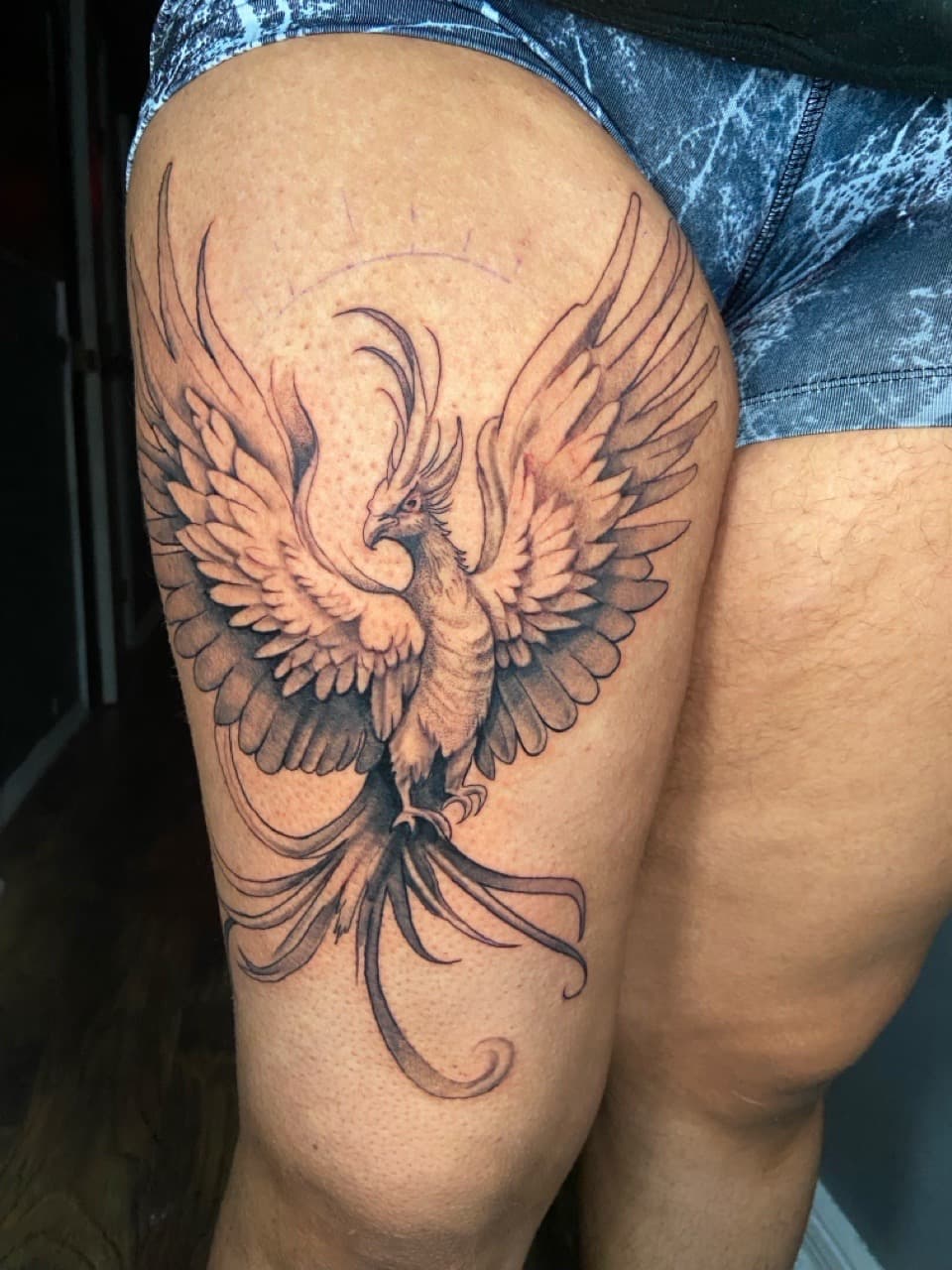 Black & Grey + Illustrative phoenix tattoo on Thigh by Mike_Whyt on TattMe