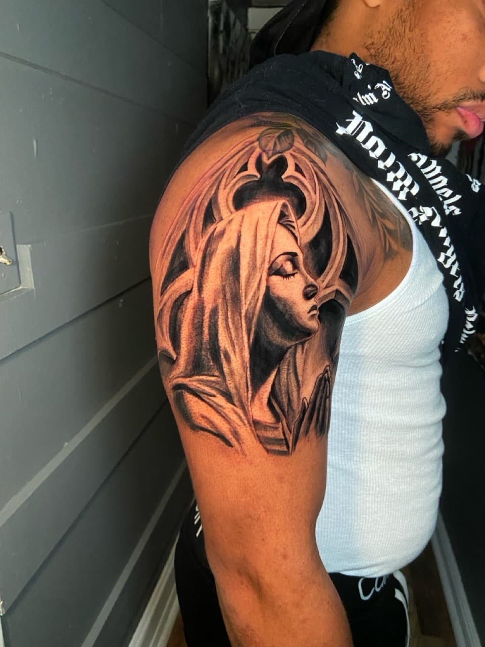 Black & Grey + Realism virgin mary tattoo on Upper Arm by Mike_Whyt on TattMe