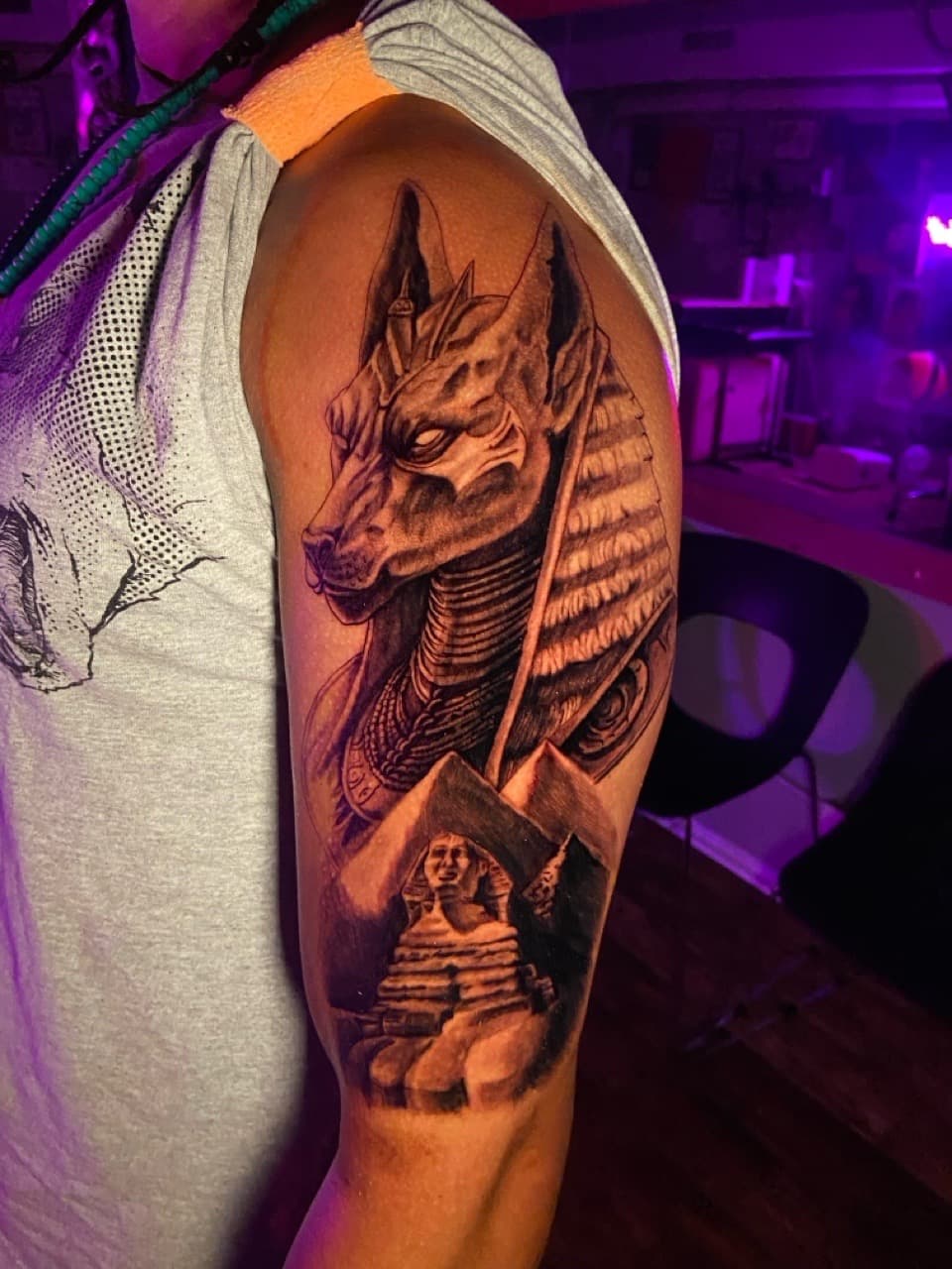 Black & Grey + Realism anubis tattoo on Upper Arm by Mike_Whyt on TattMe