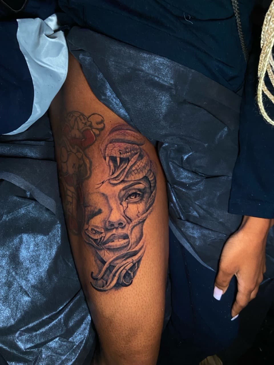 Black & Grey + Illustrative snake tattoo on Thigh by Mike_Whyt on TattMe