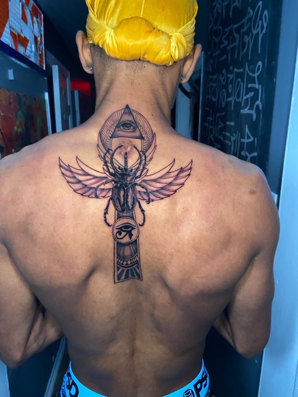 Black & Grey + Illustrative scarab tattoo on Neck (Back) by Mike_Whyt on TattMe