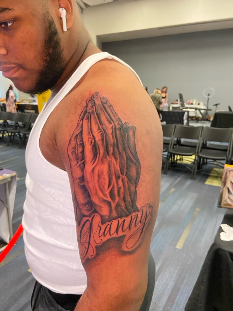 Black & Grey + Realism praying hands tattoo on Upper Arm by Mike_Whyt on TattMe