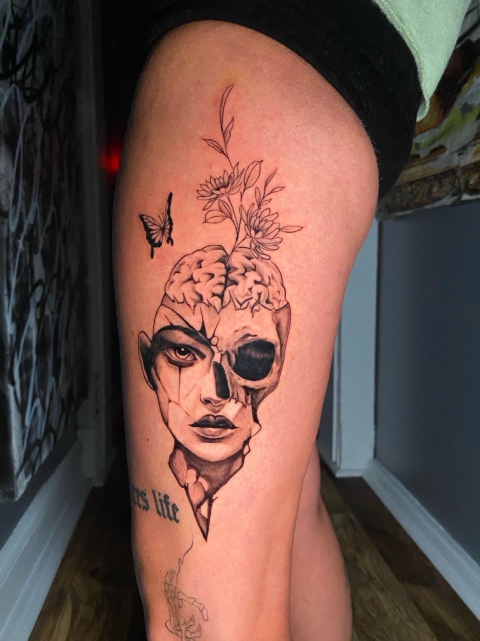 Black & Grey + Illustrative skull tattoo on Thigh by Mike_Whyt on TattMe