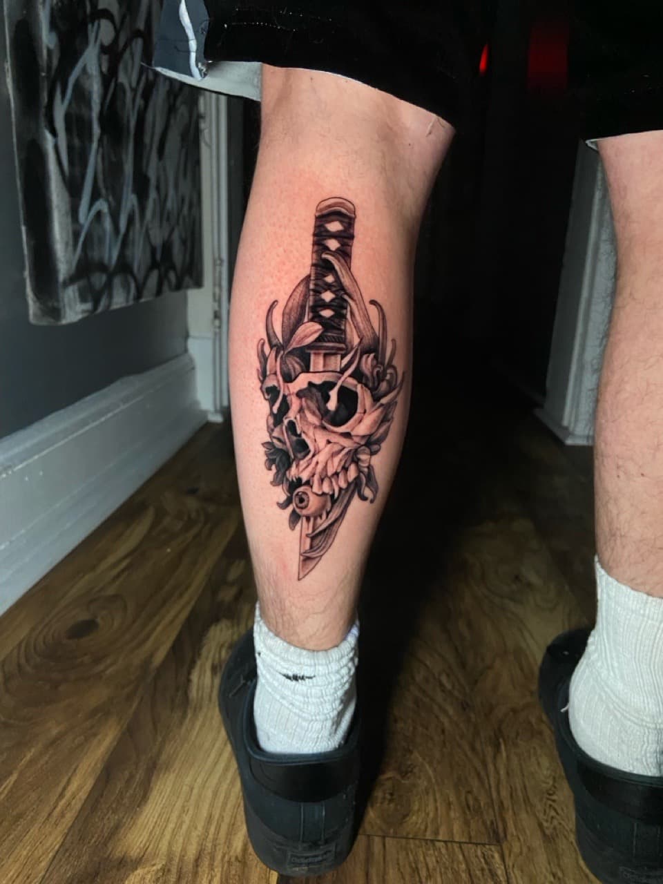 Black & Grey + Illustrative skull tattoo on Calf by Mike_Whyt on TattMe