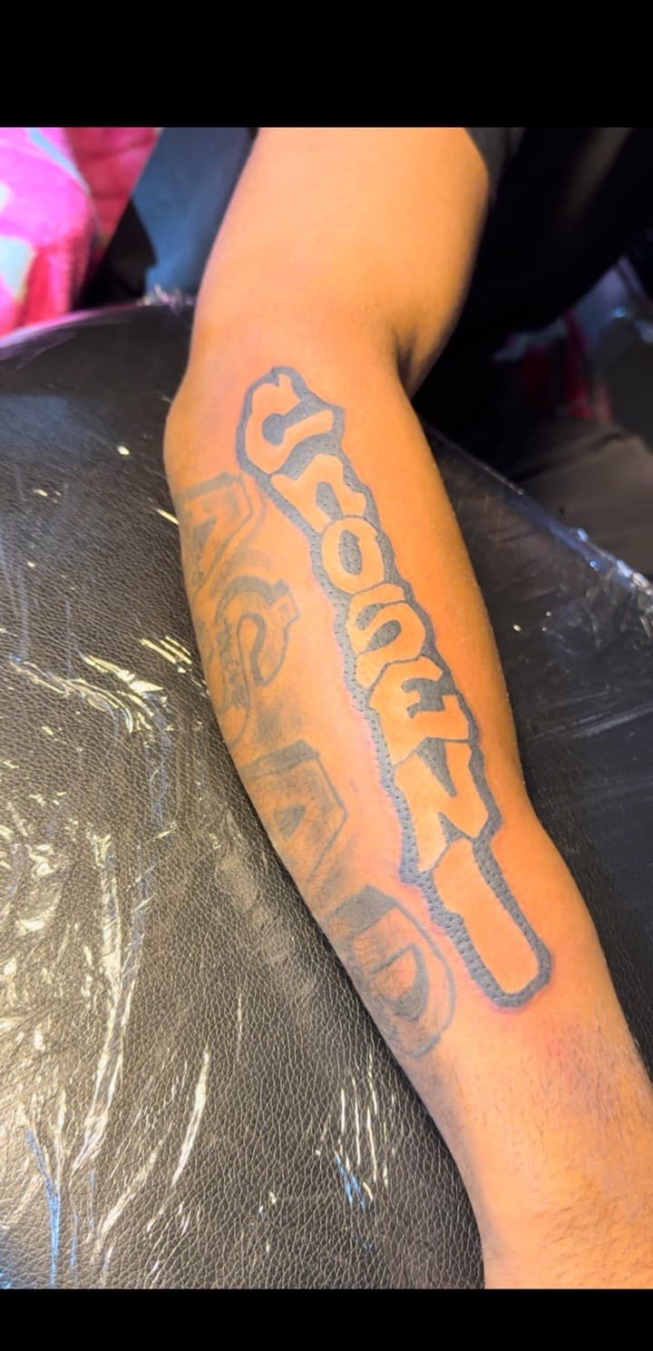 Lettering + Graffiti groot tattoo on Forearm by TheTattooKennel on TattMe