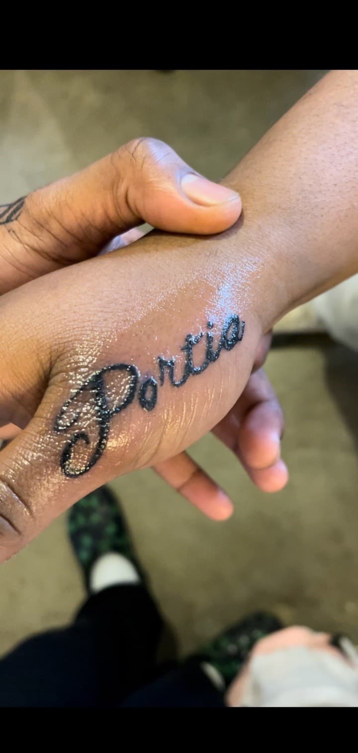 Lettering + Script portia tattoo on Hand by TheTattooKennel on TattMe