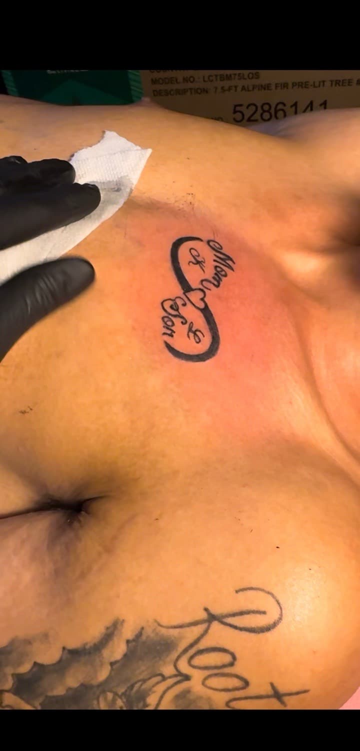 Lettering + Script infinity symbol tattoo on Sternum by TheTattooKennel on TattMe