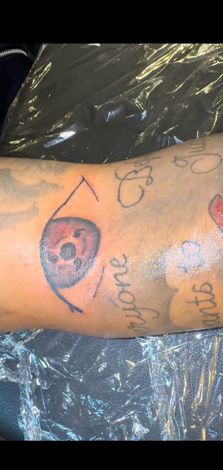 Anime + Lettering eye tattoo on Calf by TheTattooKennel on TattMe