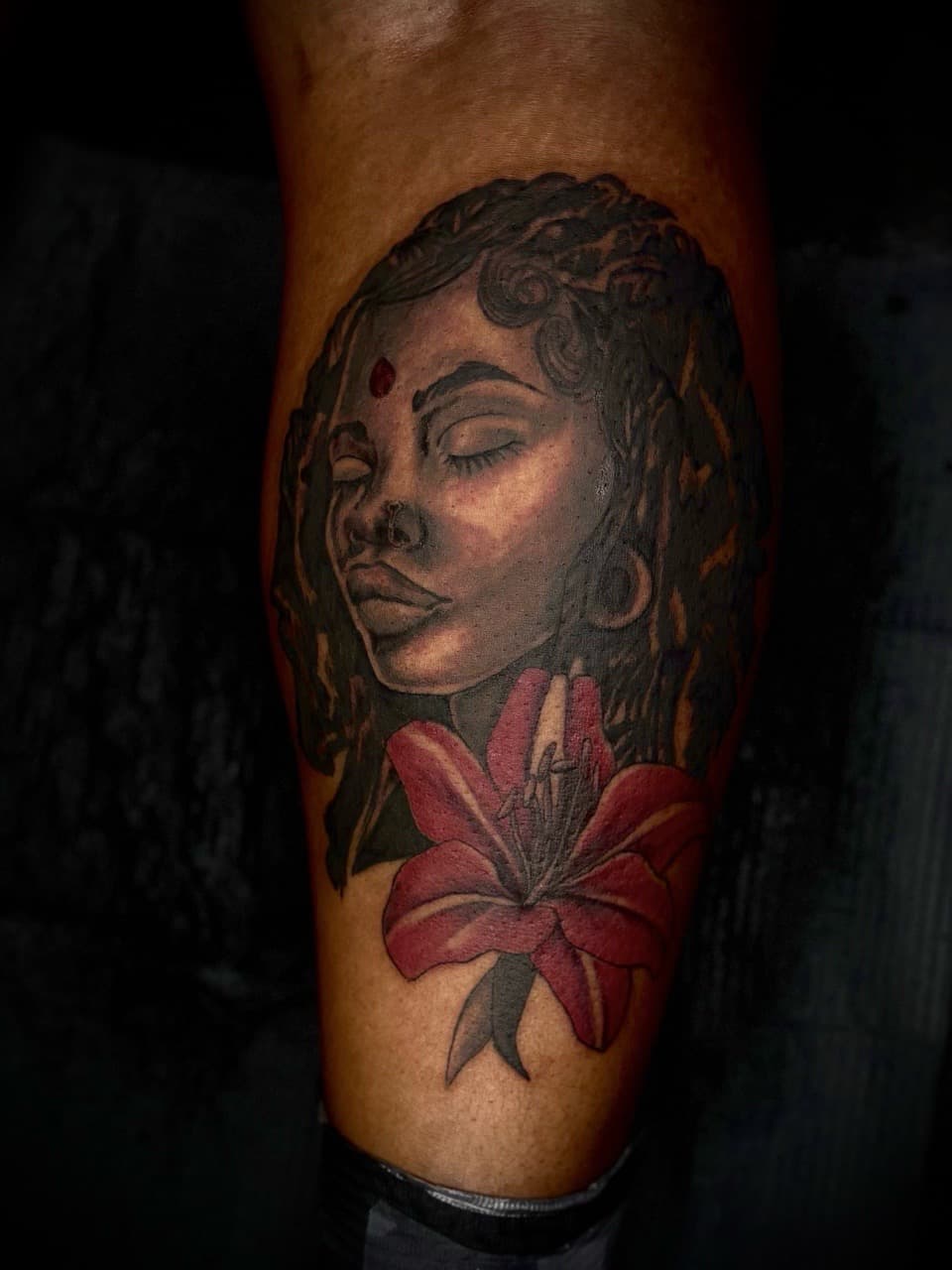 Realism + Black & Grey woman tattoo on Calf by Arttrigga on TattMe