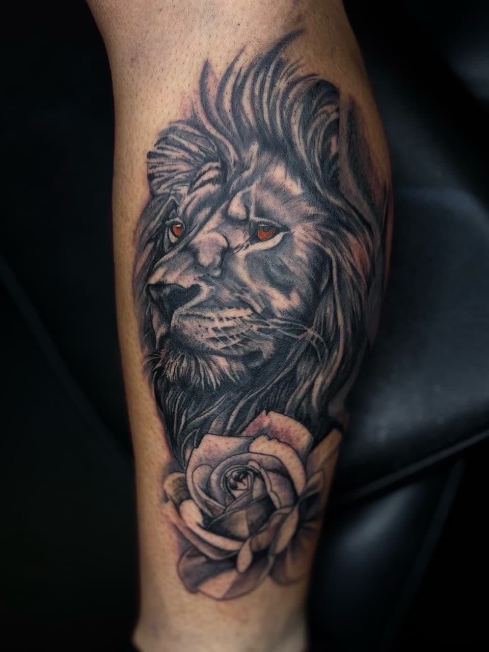 Black & Grey + Realism lion tattoo on Calf by Arttrigga on TattMe
