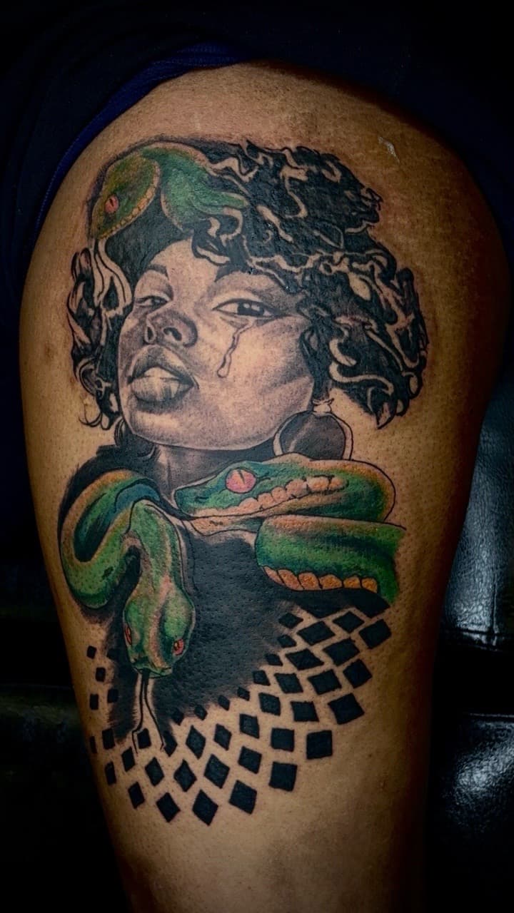 Illustrative + Black & Grey woman tattoo on Thigh by Arttrigga on TattMe