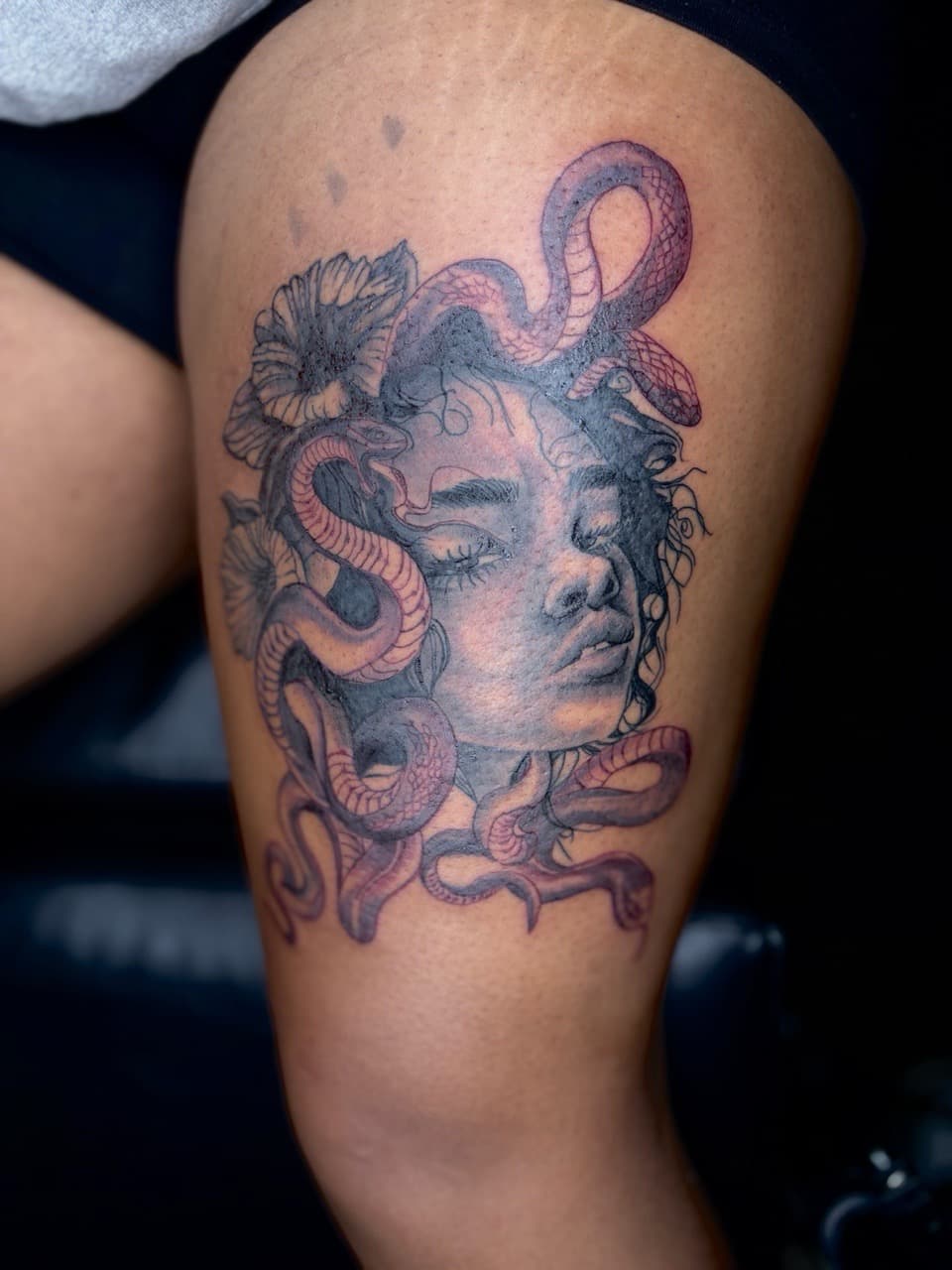 Black & Grey + Illustrative medusa tattoo on Thigh by Arttrigga on TattMe