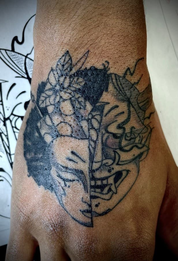 Japanese + Black-work geisha tattoo on Hand by Arttrigga on TattMe
