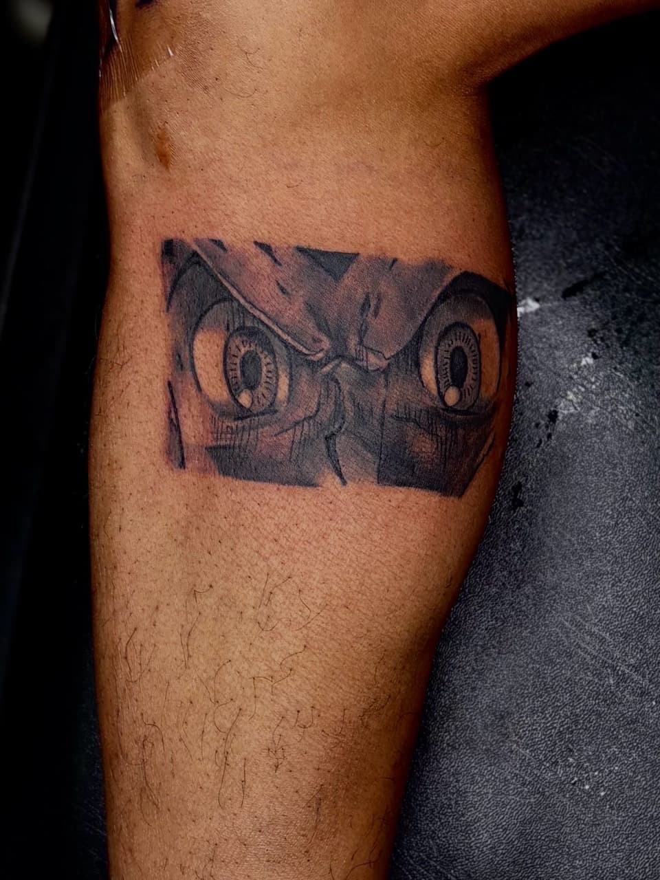 Black & Grey + Anime eyes tattoo on Thigh by Arttrigga on TattMe