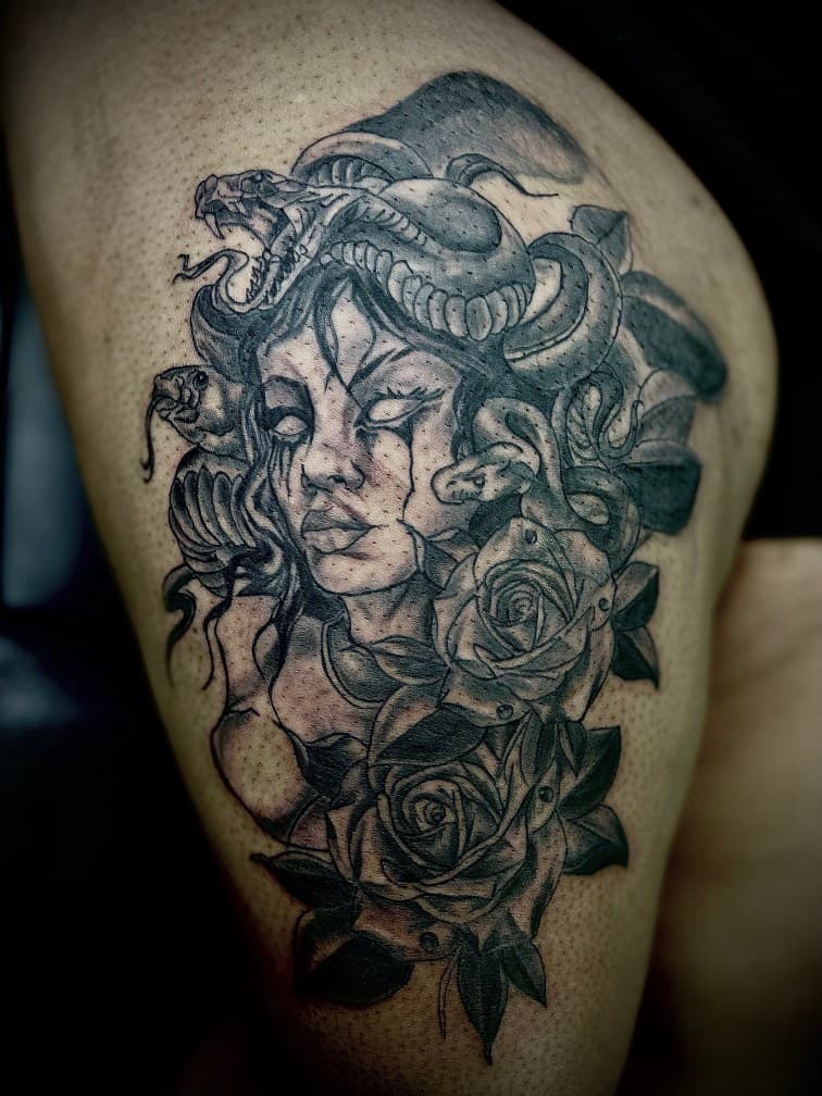 Black & Grey + Illustrative medusa tattoo on Thigh by Arttrigga on TattMe