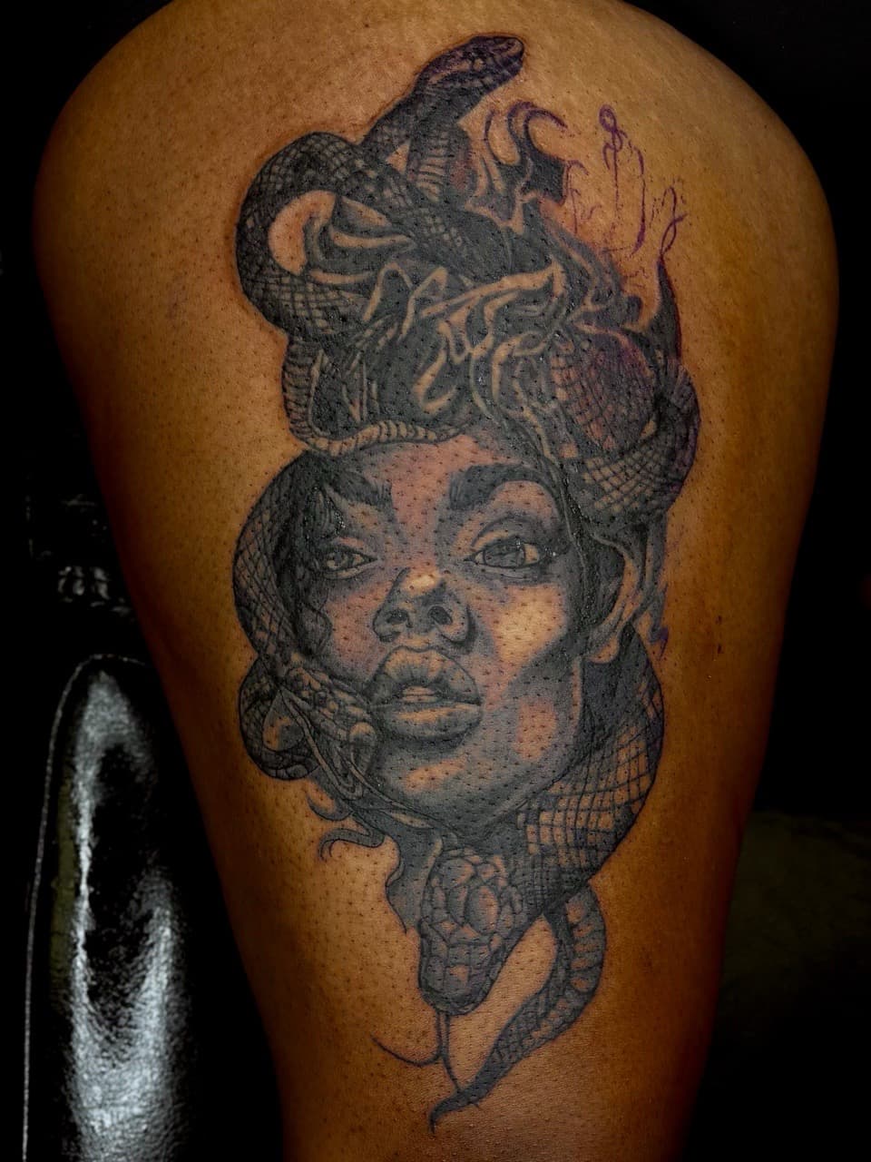 Black & Grey + Realism medusa tattoo on Thigh by Arttrigga on TattMe
