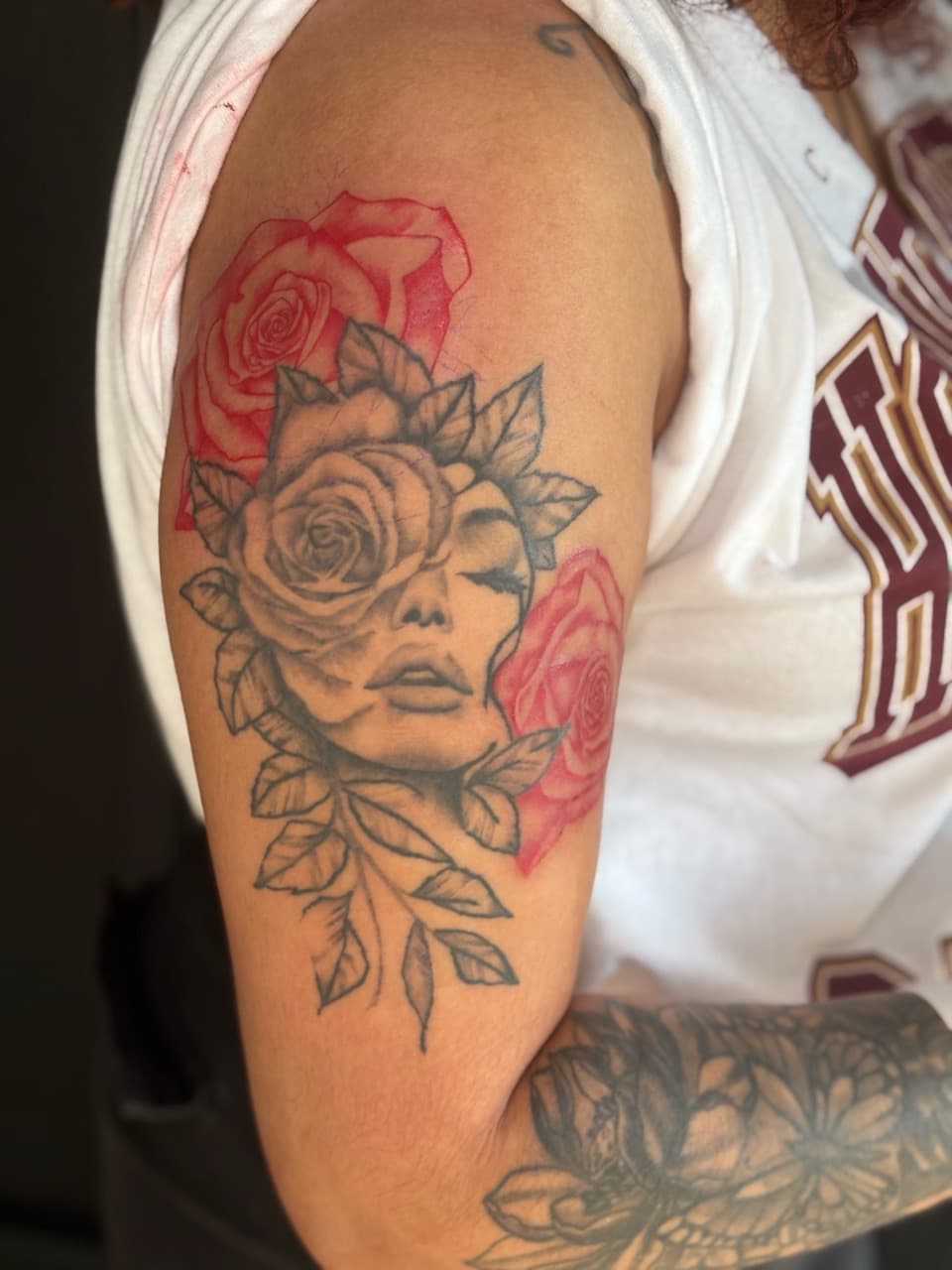 Black & Grey + Floral woman tattoo on Upper Arm by inkedbyshyllc on TattMe