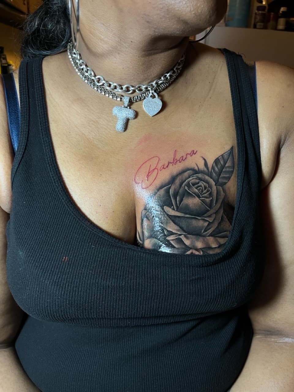 Black & Grey + Script rose tattoo on Sternum by inkedbyshyllc on TattMe