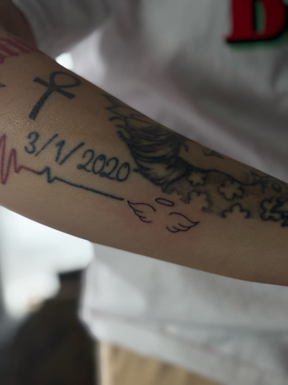 Fine Line + Lettering angel wings tattoo on Forearm by inkedbyshyllc on TattMe
