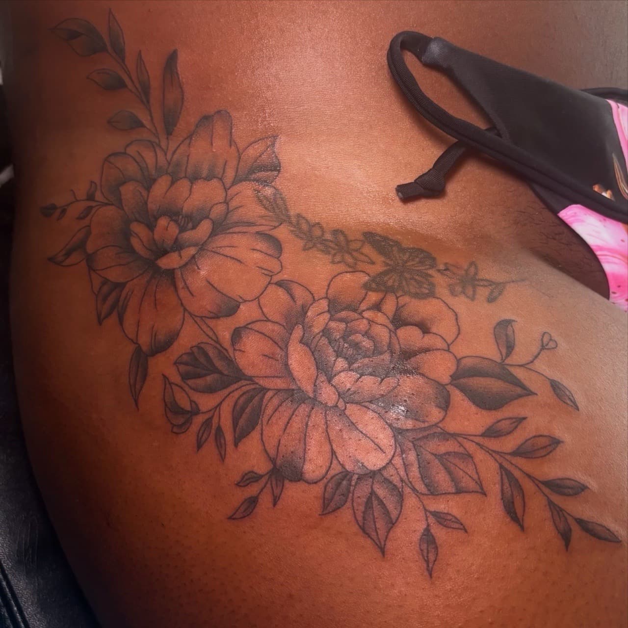 Floral + Black & Grey flowers tattoo on Hip by inkedbyshyllc on TattMe
